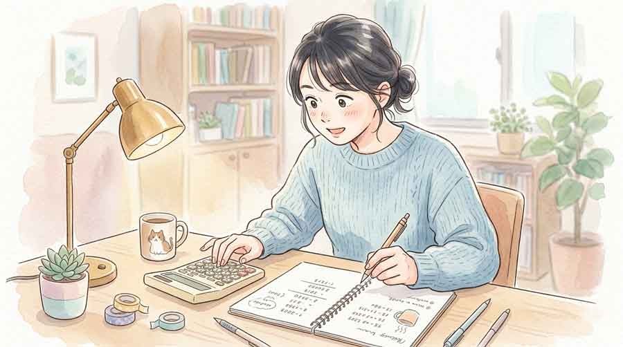 電卓とメモを使って上映時間を試算する落ち着いた作業風景