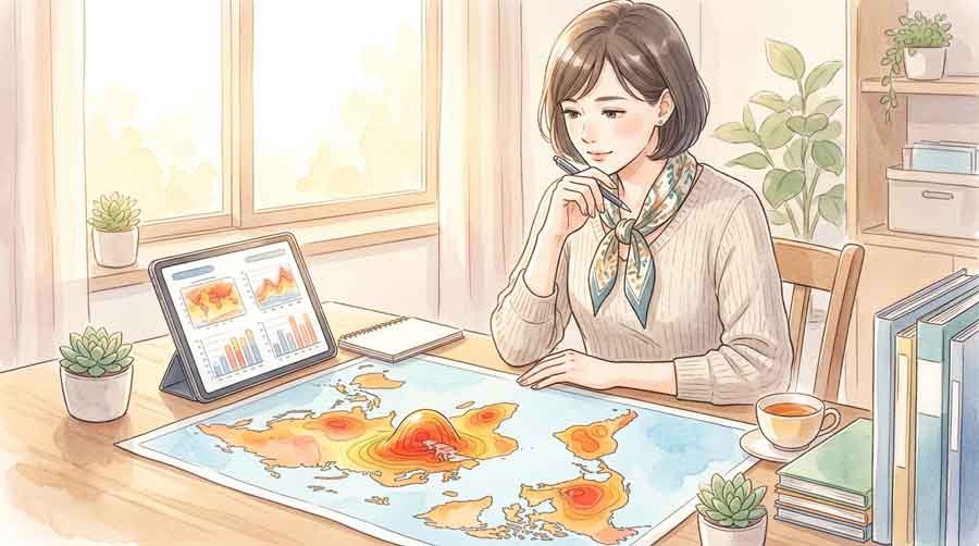 熱波ヒートドームの構造を資料で読み解く知的な女性のイラスト