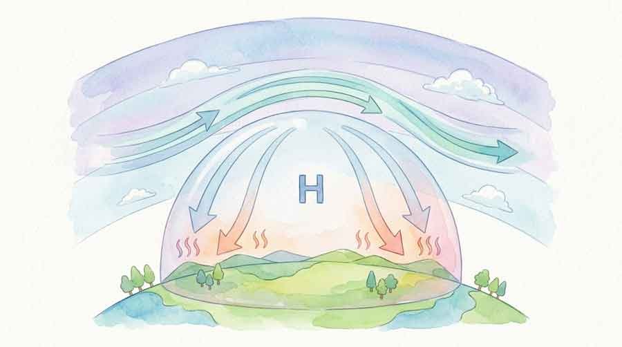 熱波ヒートドーム発生の大気構造を図解するイラスト