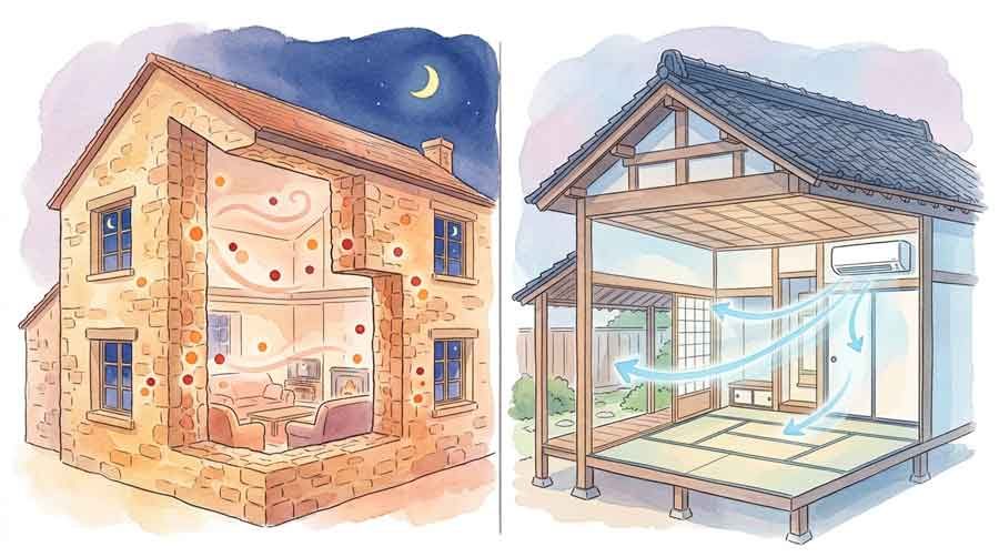 熱波石造りの欧州住宅とエアコン普及率の低さを表すイラスト