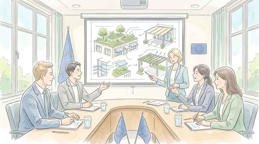 熱波EUの気候レジリエンス政策を象徴する会議のイラスト