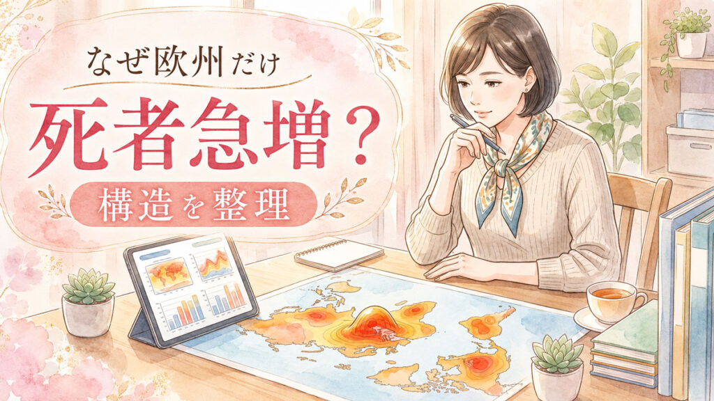 熱波ヒートドームの構造を資料で読み解く知的な女性のイラスト