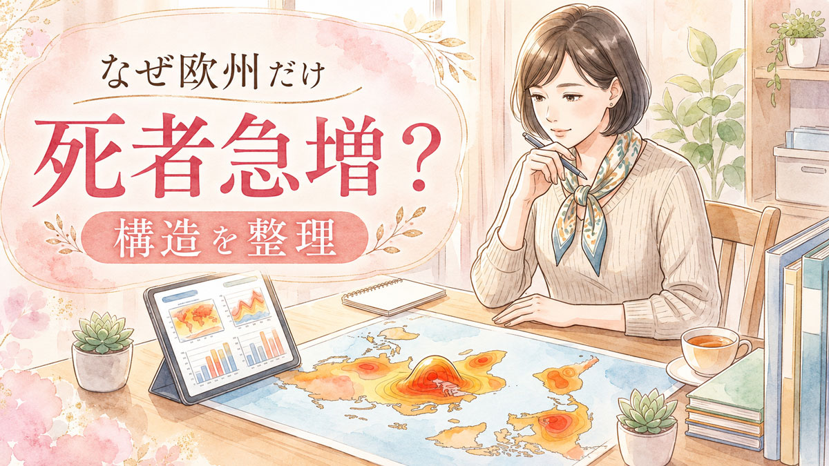 熱波ヒートドームの構造を資料で読み解く知的な女性のイラスト