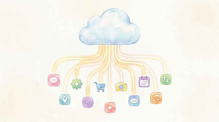 AWS障害の構造を図で読み解く知的な女性のイラスト、クラウドとスマホ決済のイメージ