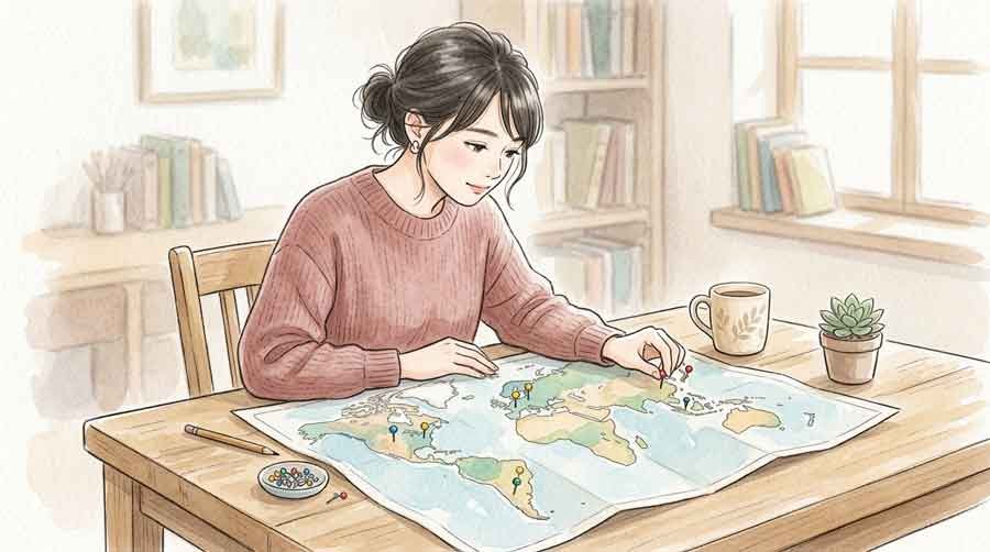 世界各地域の反応を地図で比較する女性