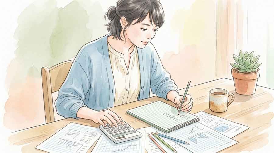 電卓とグラフで試算する知的な女性