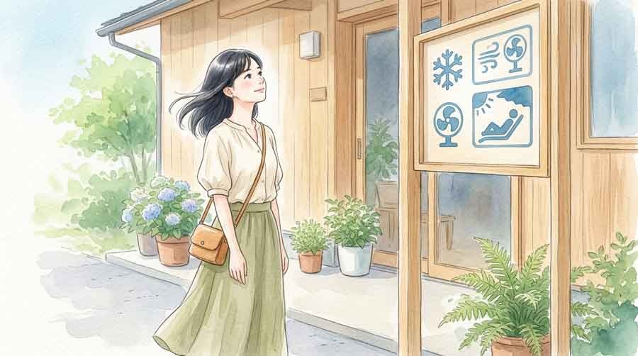 クーリングシェルターの案内表示を見つめる知的な女性