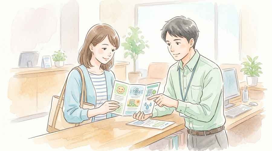 市役所の窓口でクーリングシェルターの案内を受け取る様子