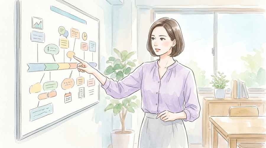 自衛隊も感染した容量偽装USB問題を整理する女性、ニュース画面の前で
