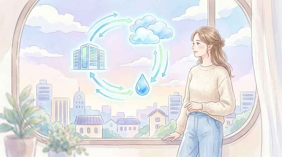 データセンターの廃熱循環モデルを整理するイラスト
