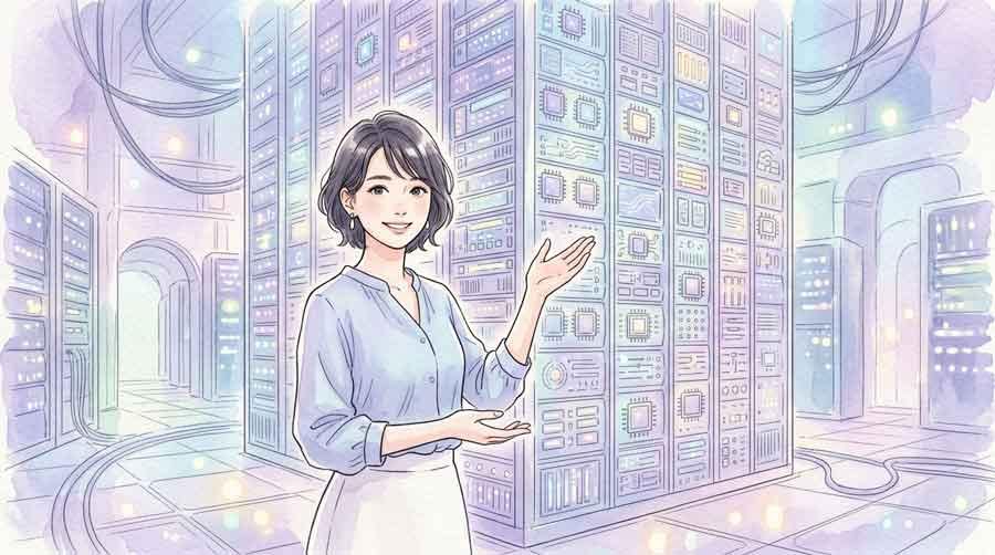 データセンターの巨大なサーバーラックとメモリーチップのイメージ