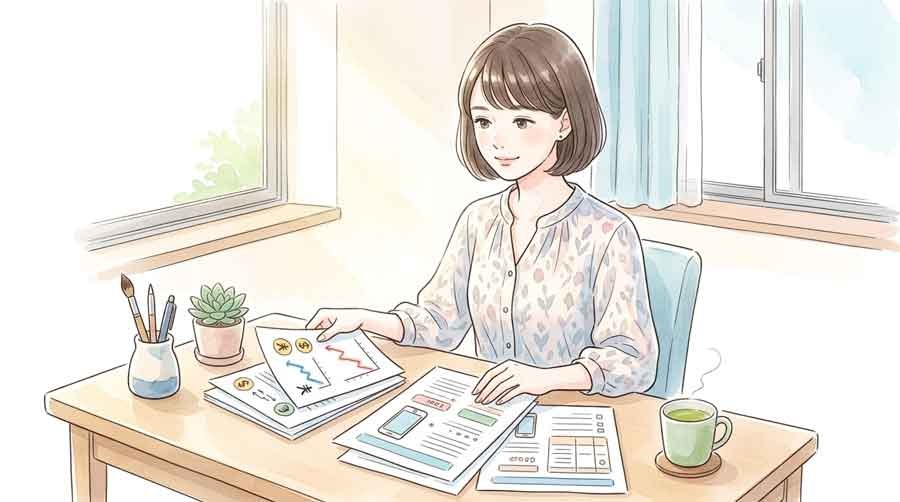 円安とスマホ料金プランの資料を整理する日本人女性