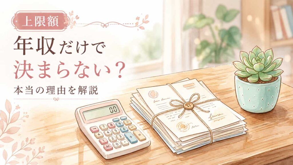 ふるさと納税上限額の仕組みを整理して考える女性の水彩イラスト