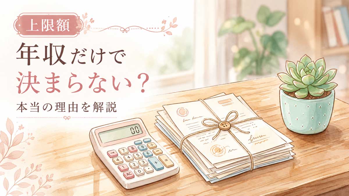 ふるさと納税上限額の仕組みを整理して考える女性の水彩イラスト
