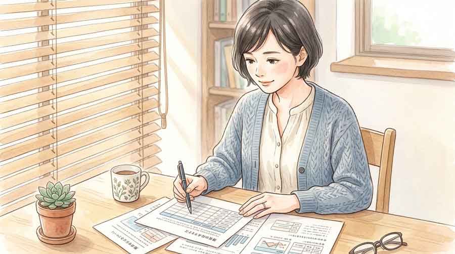 ふるさと納税の控除上限額を書類で確認する女性の水彩イラスト