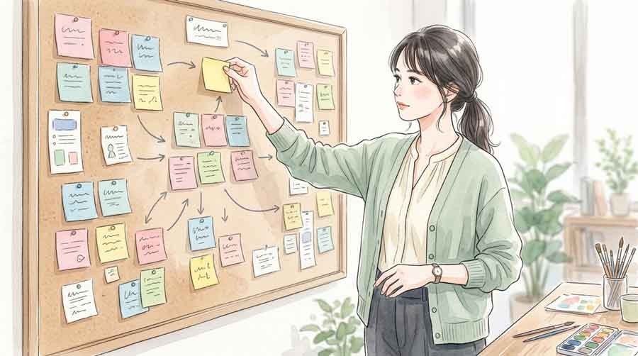 2026年のふるさと納税制度改正を整理する女性の水彩イラスト