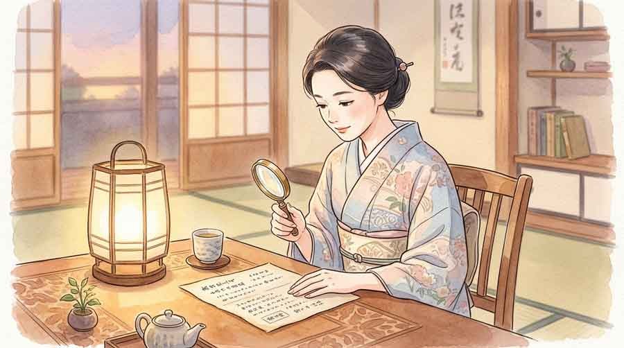 住民税決定通知書を確認する女性の水彩イラスト
