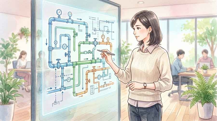地震とガスメーターの仕組みを見つめる知的な女性