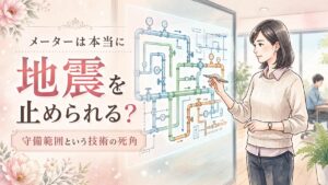 地震とガスメーターの仕組みを見つめる知的な女性