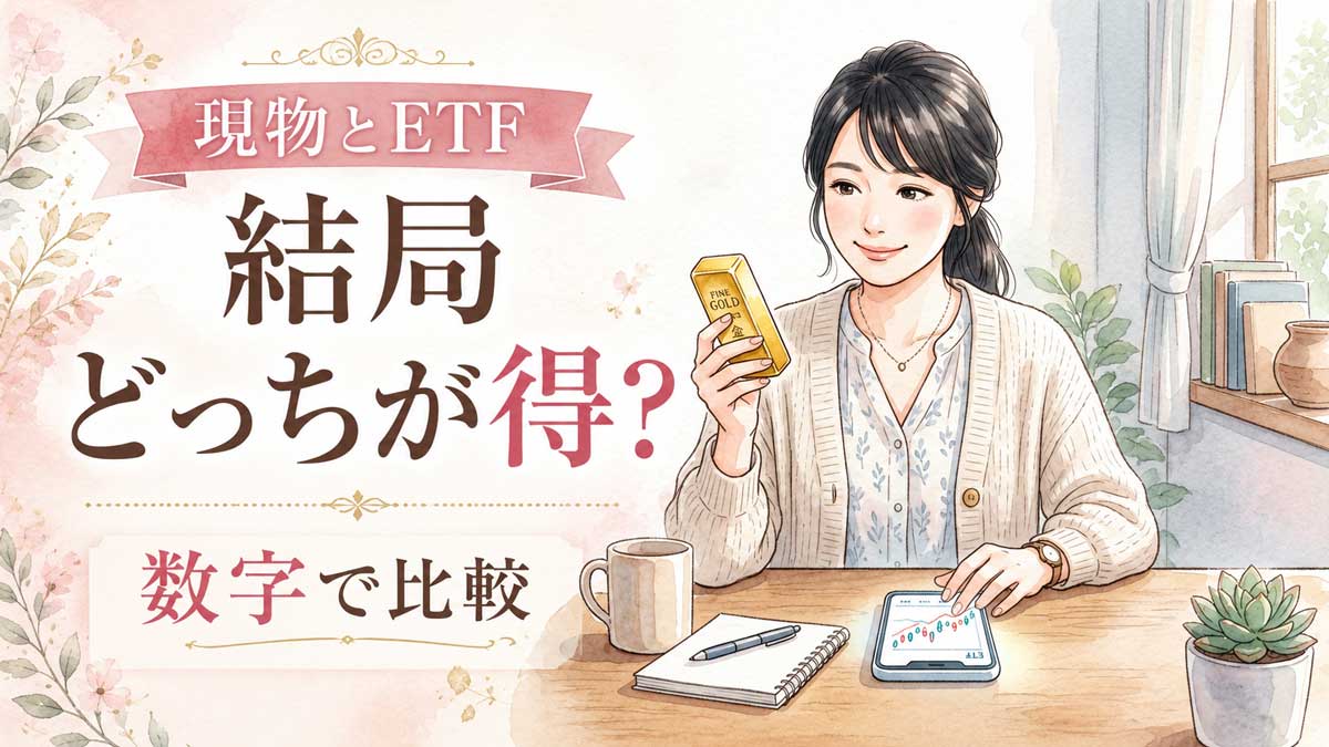 金の現物とETFの違いを資料で確認する知的な女性