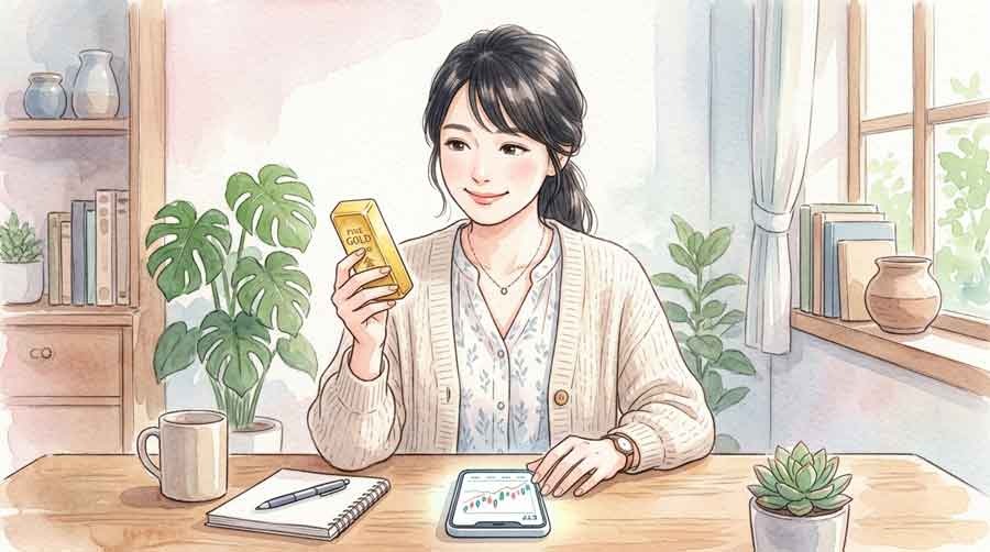 金の現物とETFの違いを資料で確認する知的な女性
