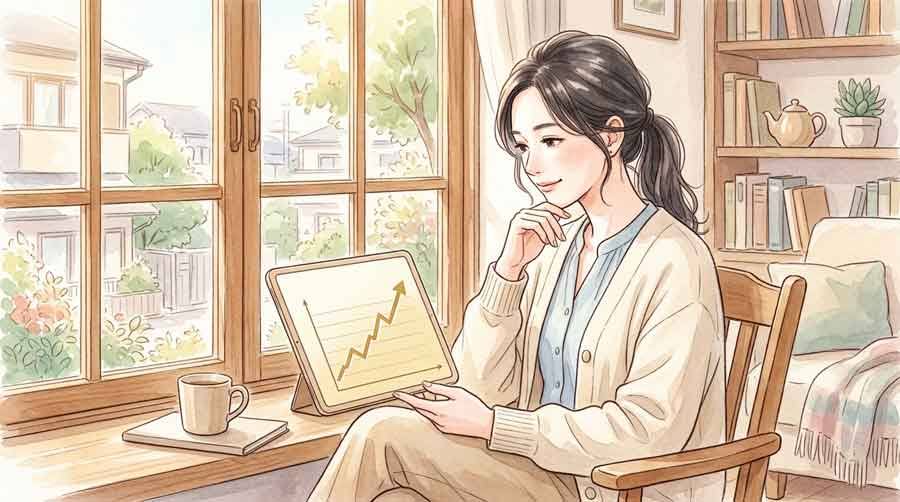 金価格の推移グラフを見ながら考える知的な女性