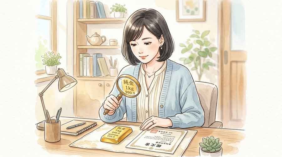 書類と金の延べ棒を見比べる知的な女性