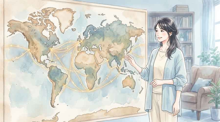 世界地図と金の流通ルートを示すグラフを見る知的な女性