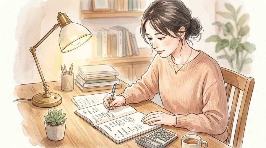 電卓とノートで試算する知的な女性