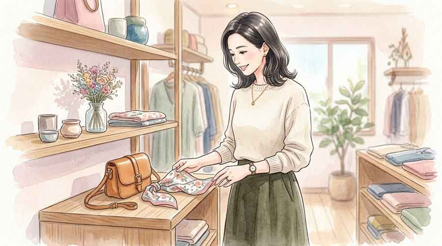 上品なアクセサリーとバッグを選ぶ知的な女性