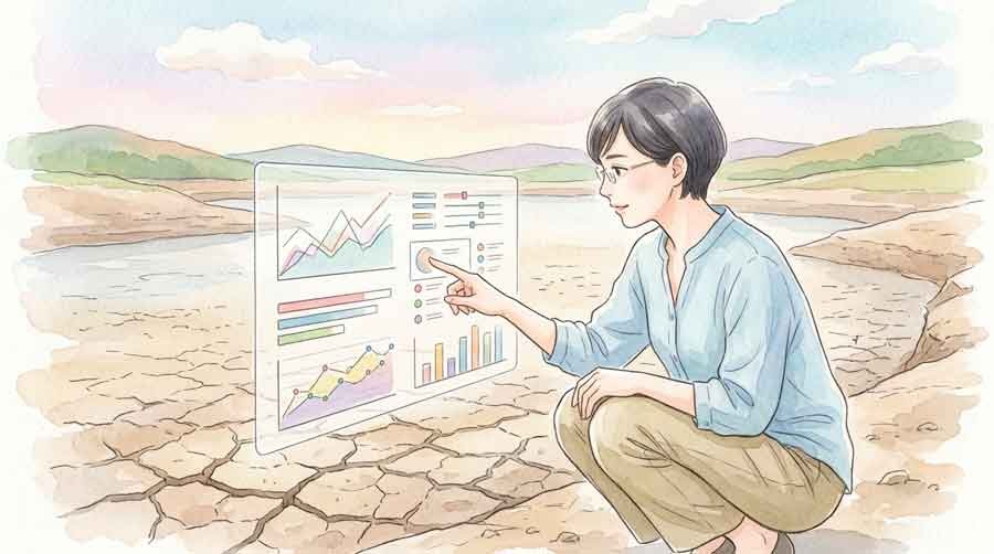 干上がった貯水池のデータボードを指し示す女性