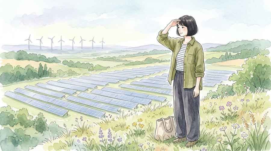 太陽光パネルが並ぶ丘を見渡す知的な女性