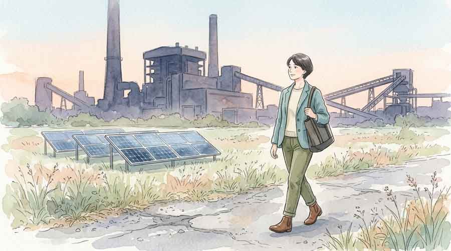 閉鎖された石炭火力発電所の跡地を歩く知的な女性
