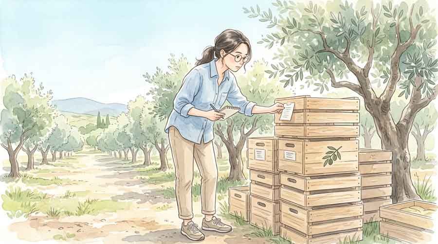 有機オリーブ畑で輸出用の木箱を確認する知的な女性