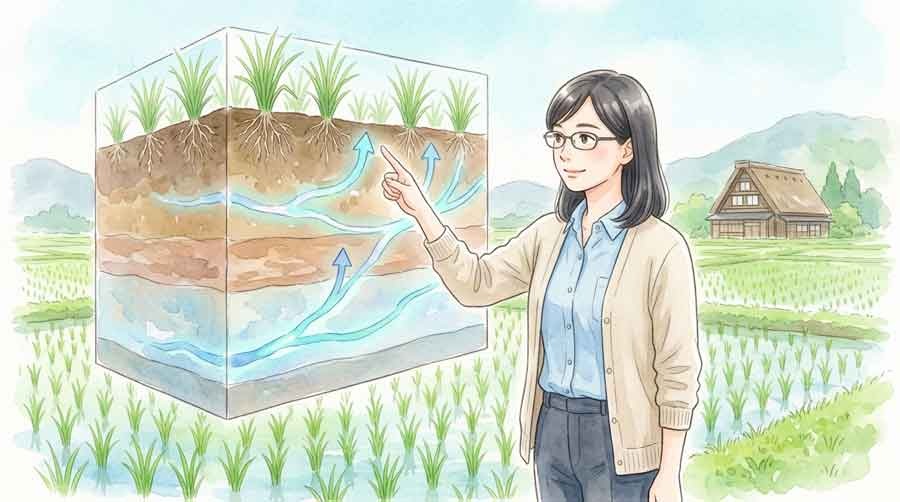 地下水涵養とは何かを示す熊本の水田と山並み