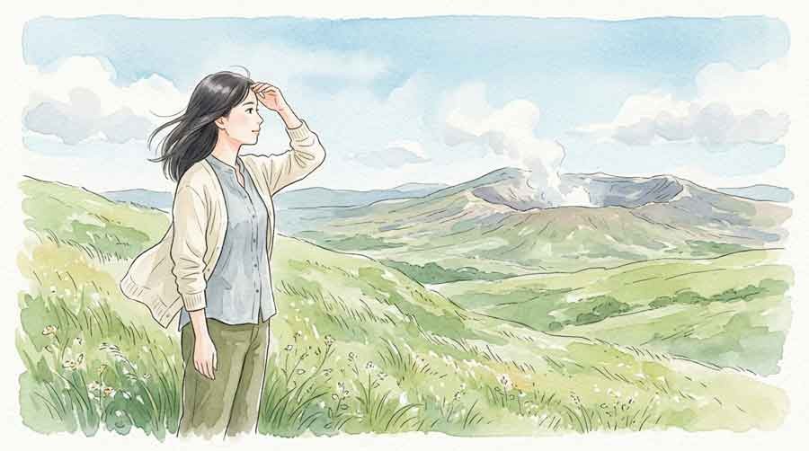阿蘇の噴火と地下水涵養の関係を見つめる女性