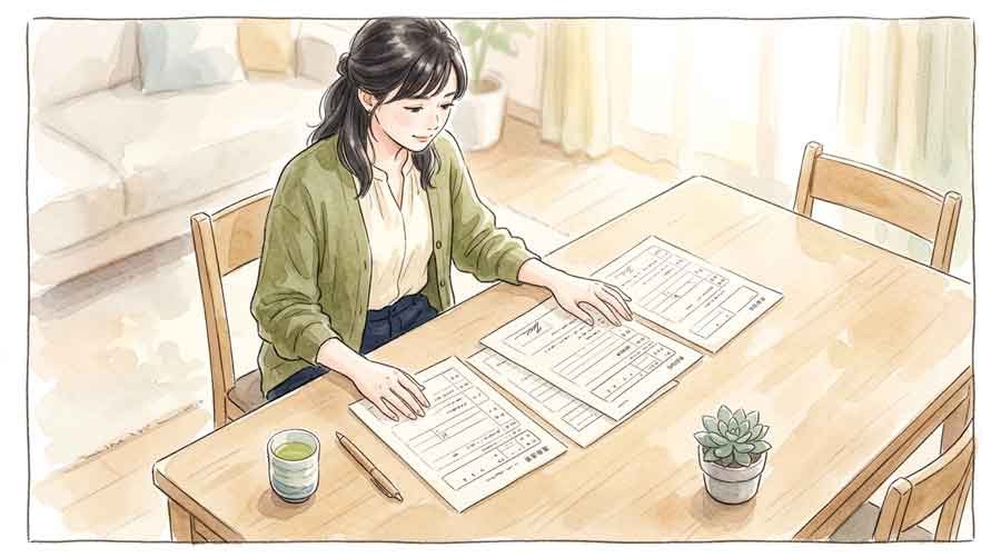 エントリー用紙を並べて制度の変化を確認する女性のイラスト