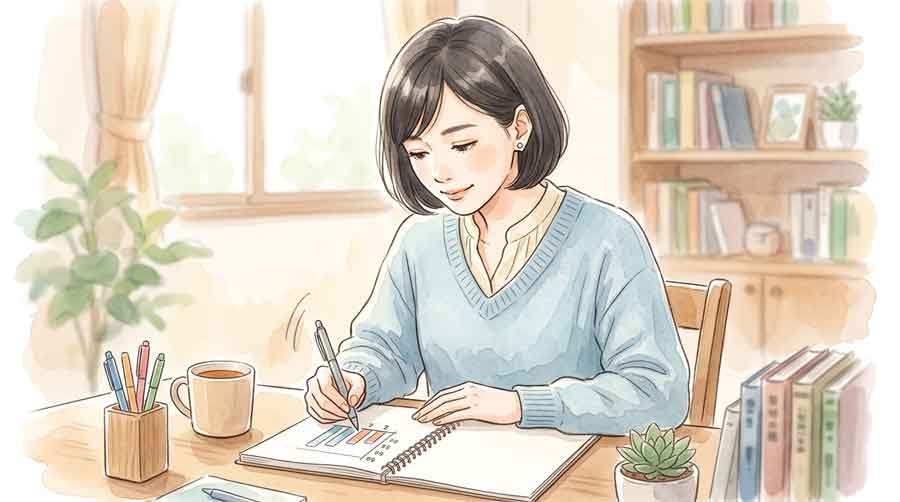 過去のレースデータをノートにまとめる女性のイラスト