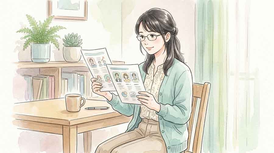 大学ごとの再建の動きを見比べる知的な女性のイラスト