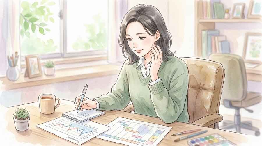気温データとタイム表を見比べて計算する女性のイラスト