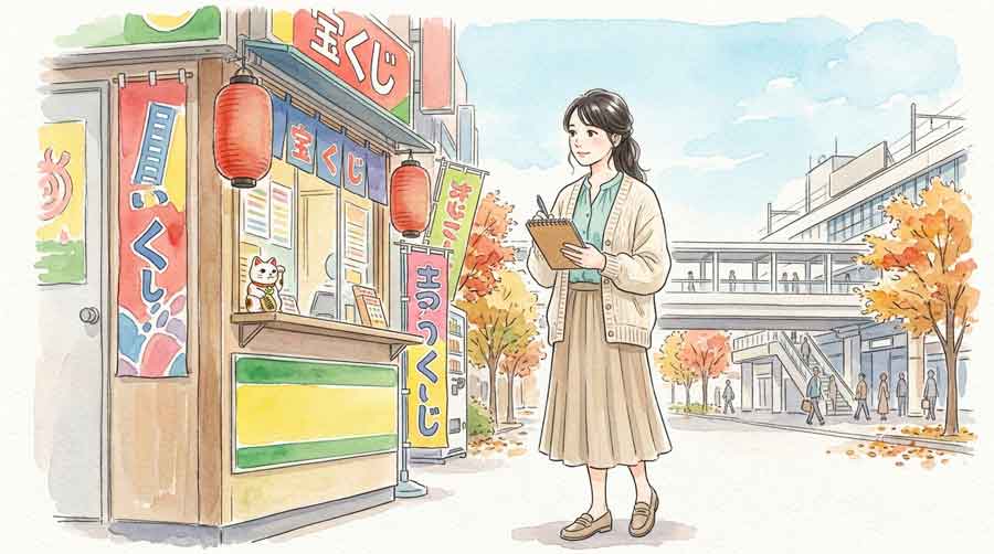 有名宝くじ売り場前に立つ知的な女性