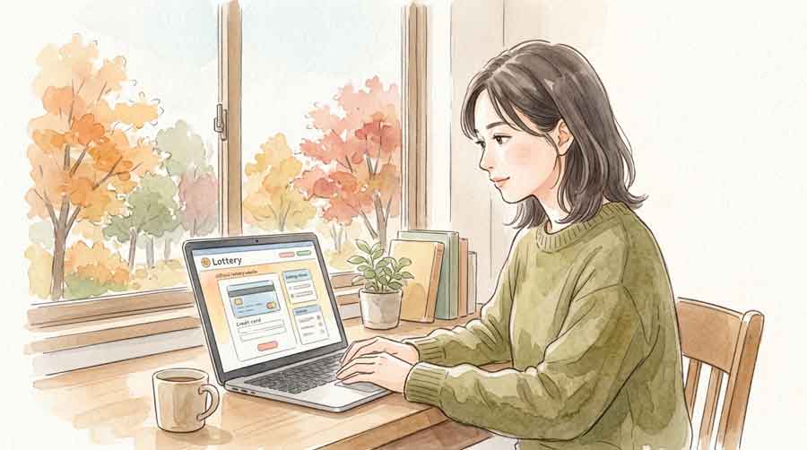 パソコンで宝くじ公式サイトを確認する落ち着いた表情の女性