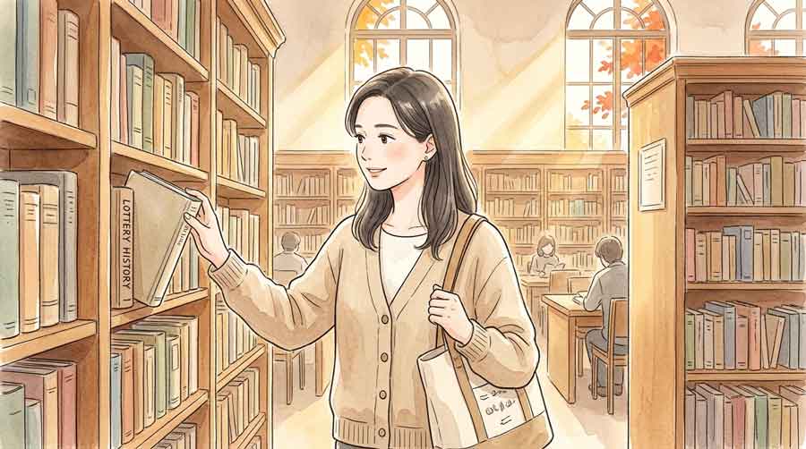 宝くじの歴史を調べながら驚く女性