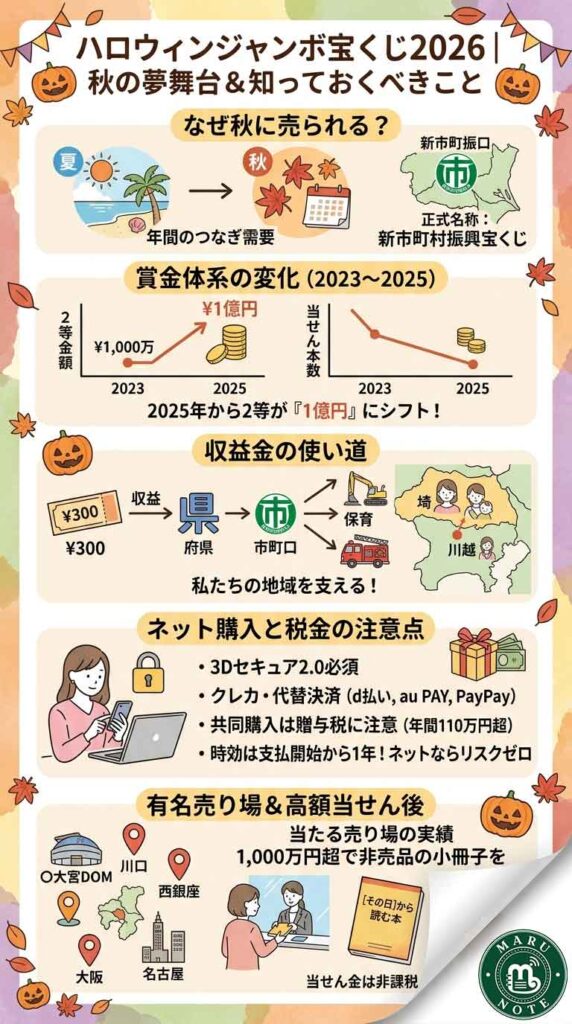 ハロウィンジャンボ宝くじ2026｜なぜ秋に売られる？収益金の使い道と過去の賞金推移をまとめましたインフォグラフ