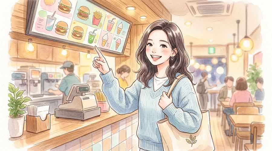 ポケモン30周年バーガーとハッピーセットの違いを資料で確認する知的な女性