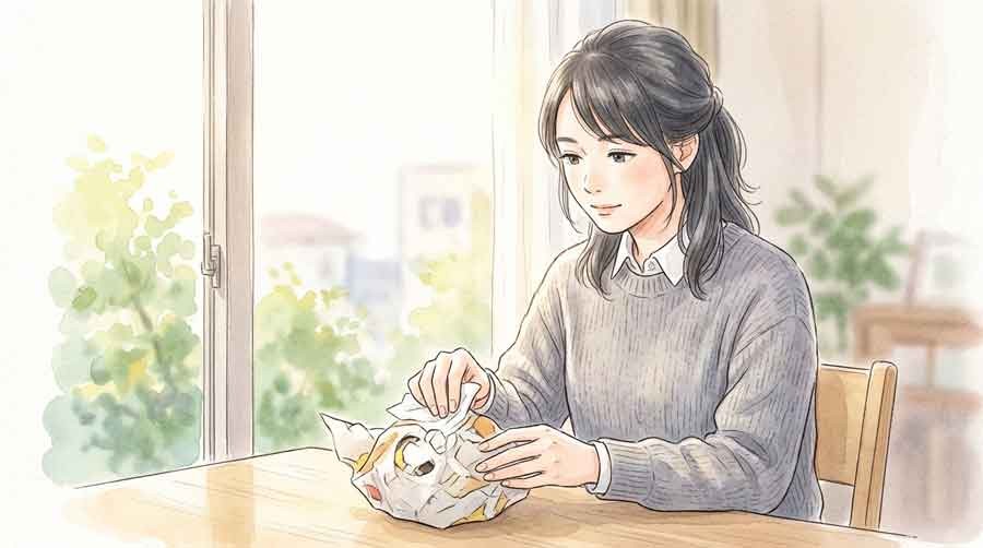 ポケモン30周年バーガーの限定パッケージを保存する女性