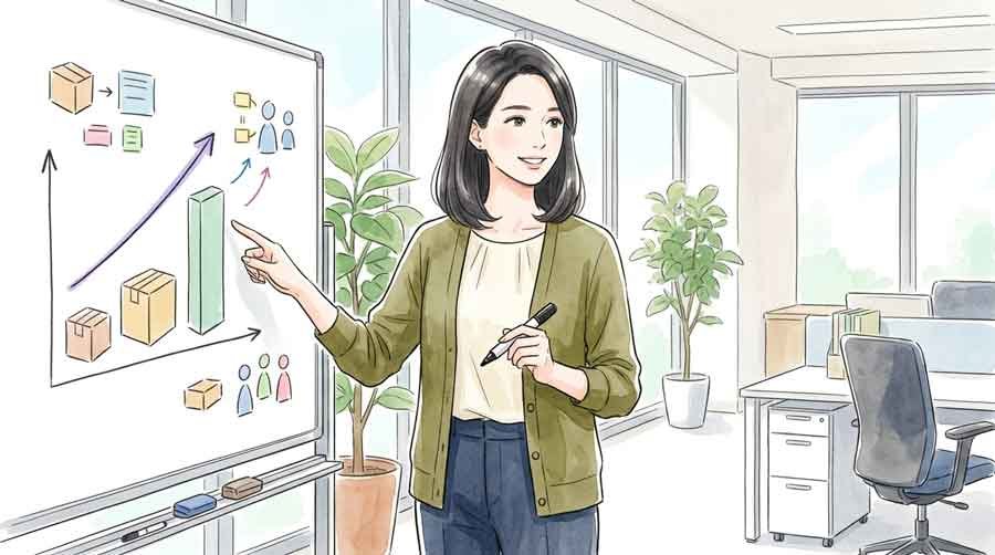 ゆうパック運賃改定資料を確認するビジネスウーマンのイラスト