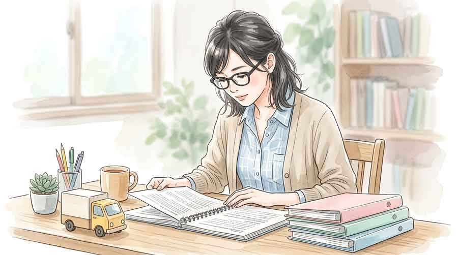 日本郵便と日本郵政の違いを整理するイラスト、書類を見比べる女性