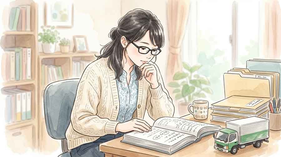 中期経営計画の資料を読み込む知的な女性のイラスト