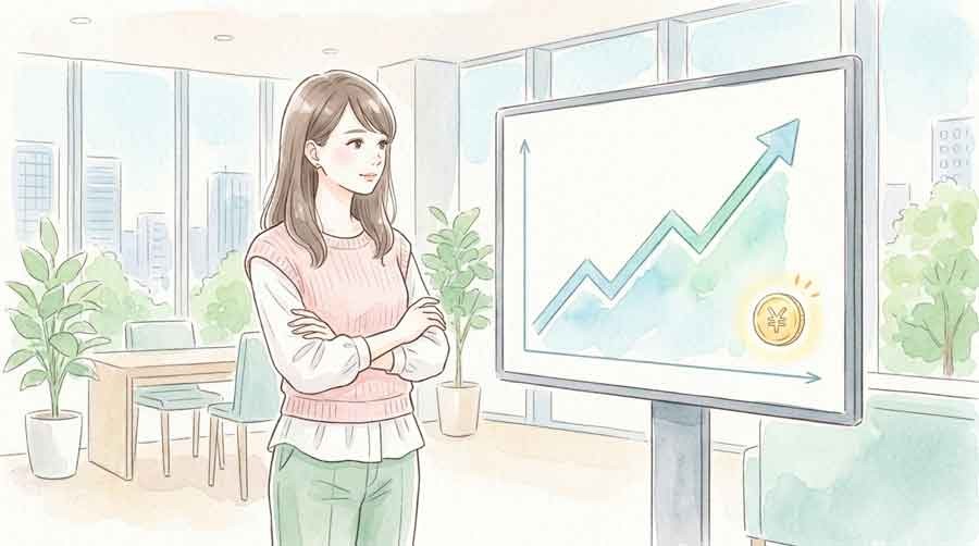 株価チャートと配当資料を見る投資家風の女性のイラスト